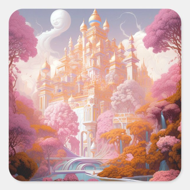 Fairy Tale Castle Pink White Gold Fantasy Art Square Sticker (Front)
