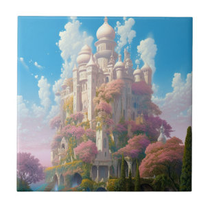 Fairy Tale Castle Pink White Gold Fantasy Art Tile