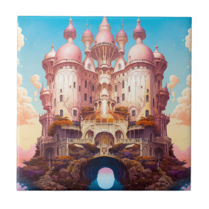 Fairy Tale Castle Pink White Gold Fantasy Art Tile