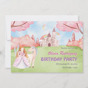 Fairy tale castle princess unicorn birthday invitation