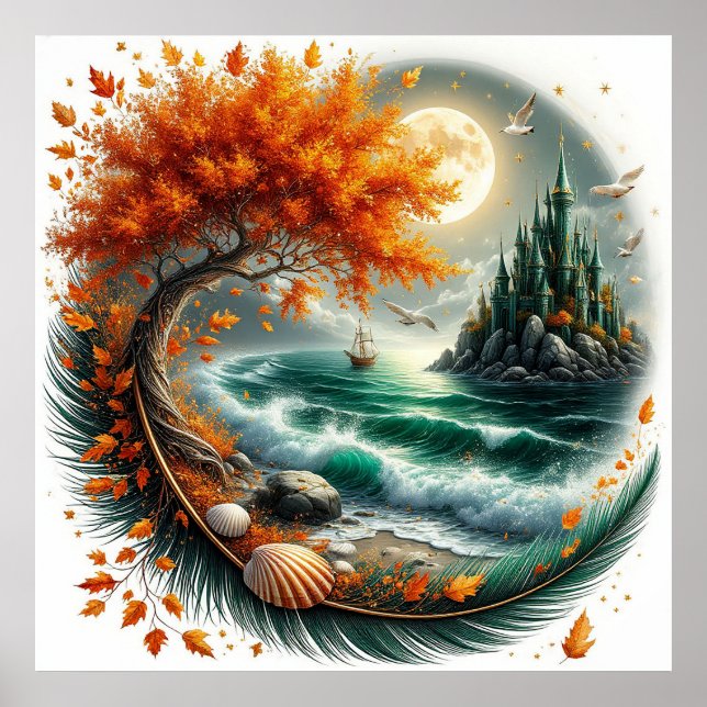 Fairy Tale Castle Surrounded by Seasonal Trees Poster (Front)