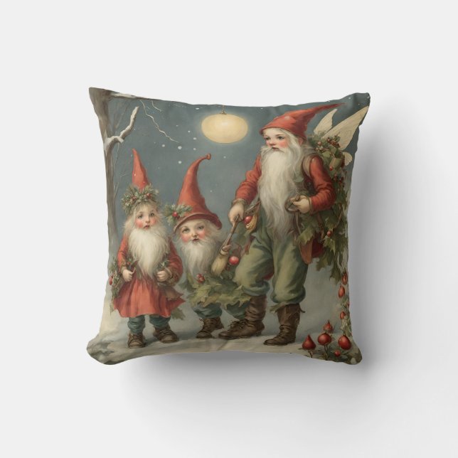 Fairy Tale Christmas Gnome Family in Winter Forest Throw Pillow (Front)