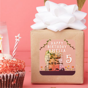Fairy Tale Door Flower Drawing Girl Birthday Party Square Sticker