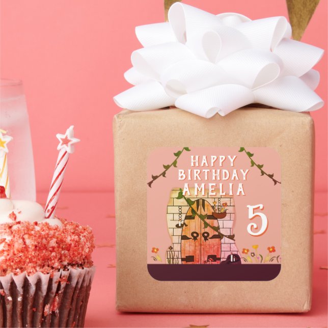 Fairy Tale Door Flower Drawing Girl Birthday Party Square Sticker (Party)