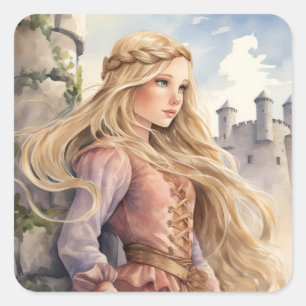 Fairy Tale Princess Rapunzel and a Medieval Castle Square Sticker