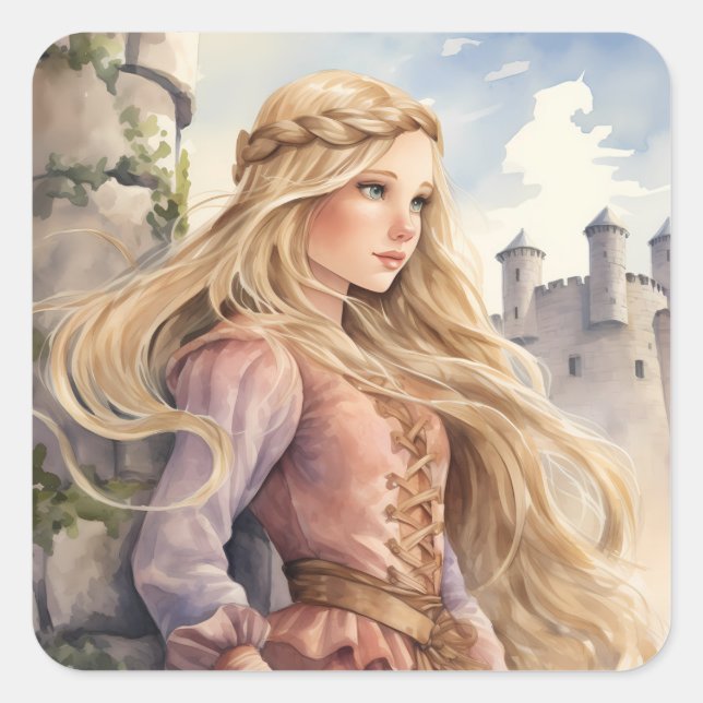 Fairy Tale Princess Rapunzel and a Medieval Castle Square Sticker (Front)