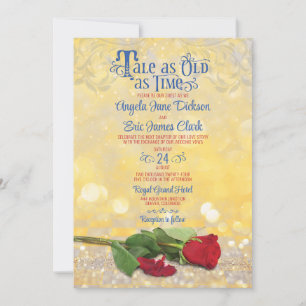 Fairy Tale Red Rose Blue Gold Wedding Invitation