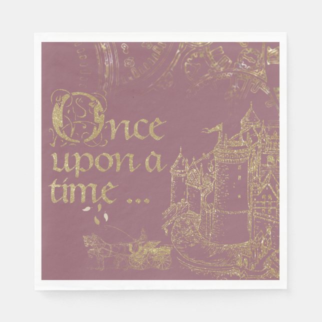 Fairy Tale Theme Castle Carriage Gold on Blush Napkin (Front)