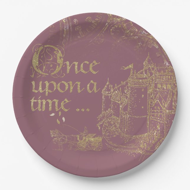 Fairy Tale Theme Castle Carriage Gold on Blush Paper Plate (Front)