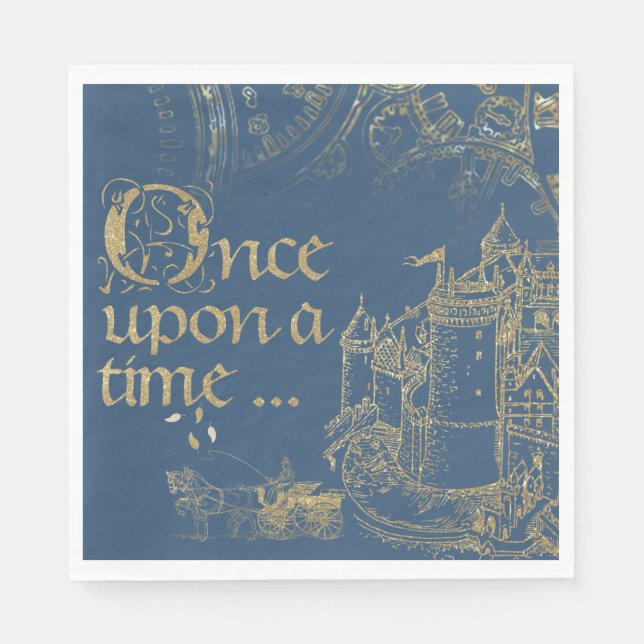Fairy Tale Theme Castle Carriage Gold on Navy Blue Napkin (Front)
