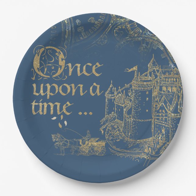 Fairy Tale Theme Castle Carriage Gold on Navy Blue Paper Plate (Front)