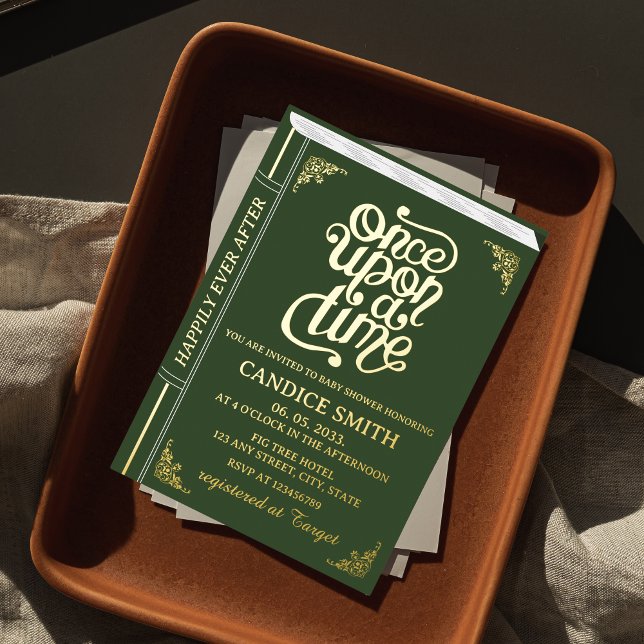 Fairy Tale Whimsical Book Cover Green Baby Shower (Once Upon a Time Fairytale Book Cover Baby Shower Invitation Emerald Green with Gold Foil)