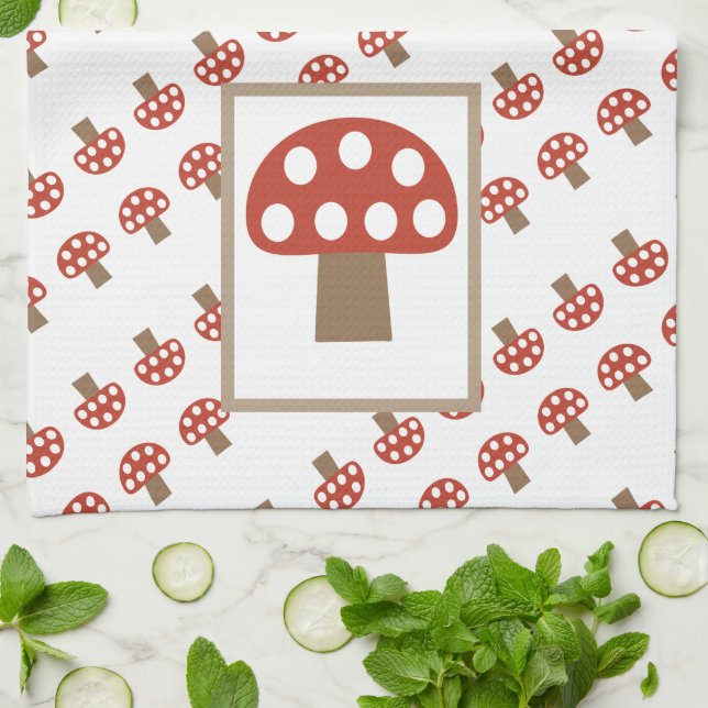 Fairy Tale Whimsical Red Mushroom Kitchen Towel (Folded)