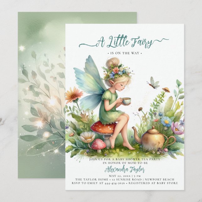 Fairy Tea Cup Wildflower Mushroom Baby Girl Shower Invitation (Front/Back)