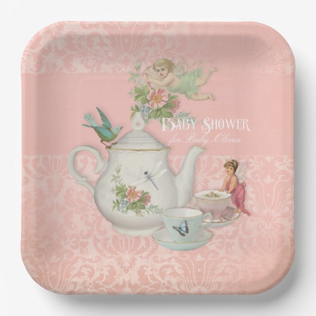 Fairy Tea Party Baby Shower Decor Personalized Paper Plate (Front)
