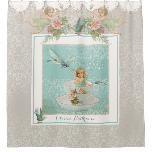 Fairy Teacups w Birds n Dragonflies Lace Damask (Front)