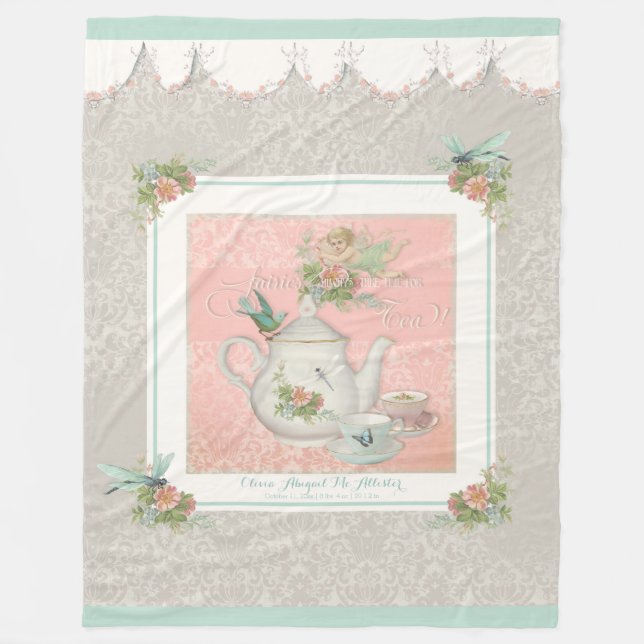Fairy Teapot Dragonfly Crib Baby Name Personalized Fleece Blanket (Front)
