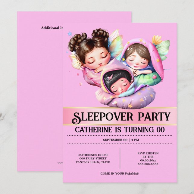Fairy theme sleepover slumber party girls pink invitation (Front/Back)