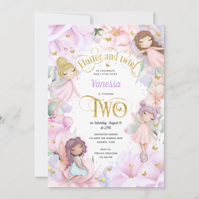 Fairy themed, Girl 2nd birthday Invitation (Front)