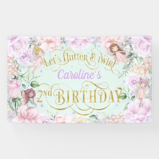 Fairy themed, girl 2nd birthday party backdrop ban banner (Horizontal)