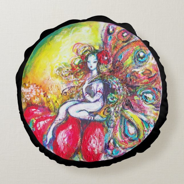 FAIRY TITANIA AND RED FLOWER Yellow Pink Sparkles Round Pillow (Back)