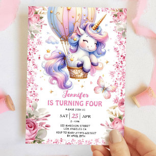 Fairy Unicorn 4th Birthday Girl Pink Unicorn Invitation