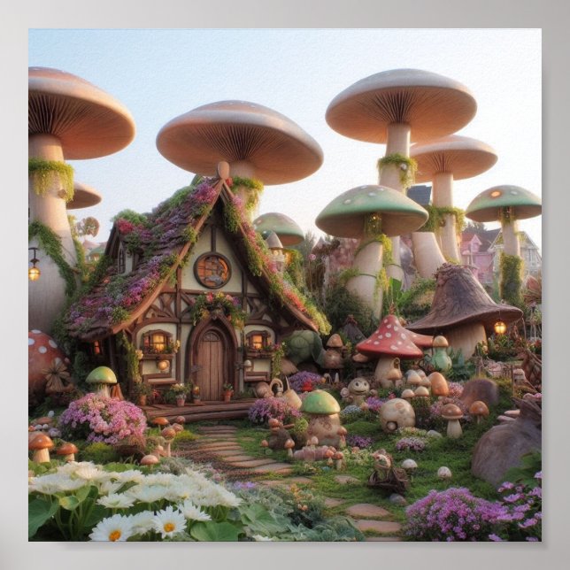  fairy village giant mushrooms and flowers poster (Front)