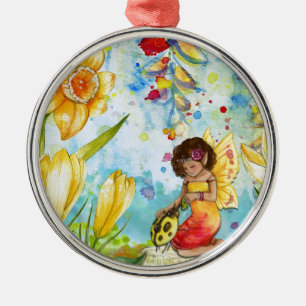 Fairy watercolour illustration whimsical metal ornament