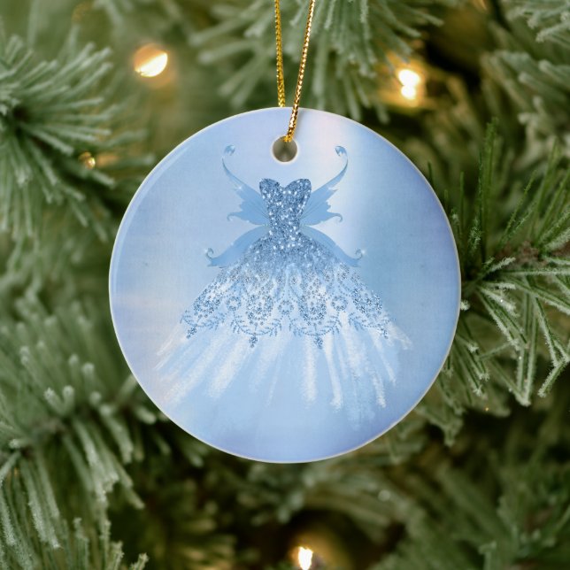 Fairy Wing Ice Gown | Frost Blue Iridescent Sheen Ceramic Ornament (Tree)