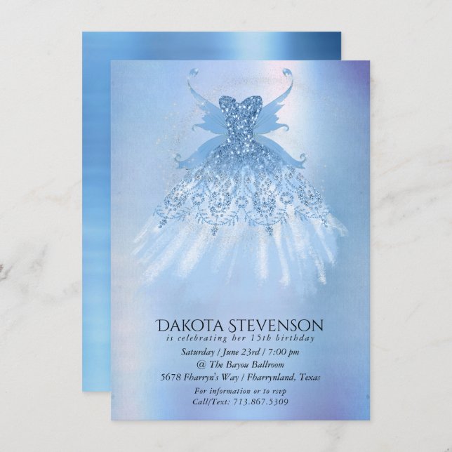 Fairy Wing Ice Gown | Frost Blue Iridescent Sheen Invitation (Front/Back)