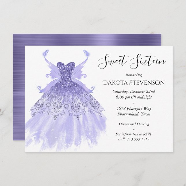Fairy Wing Lavender Gown | Purple Iridescent Sheen Invitation (Front/Back)