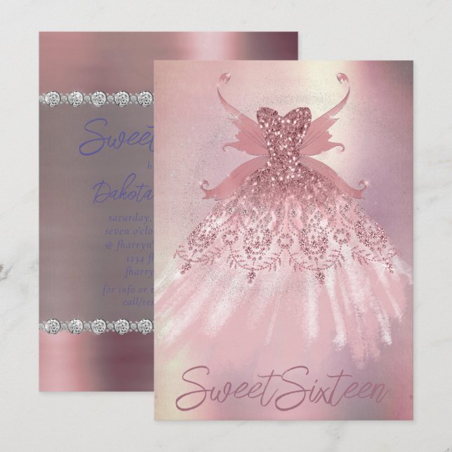 Fairy Wing Mauve Gown | Luxurious Dusty Pink Sheen Invitation (Front/Back)