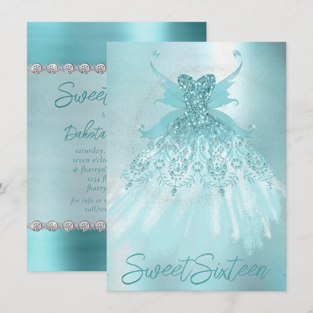 Fairy Wing Mint Gown | Luxe Pearl Green Aqua Sheen Invitation (Front/Back)