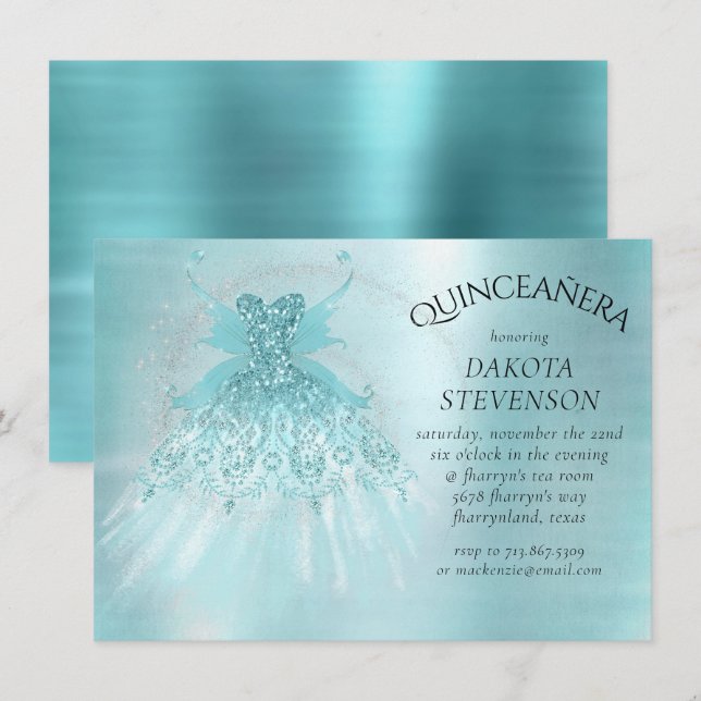 Fairy Wing Mint Gown | Luxe Pearl Green Aqua Sheen Invitation (Front/Back)