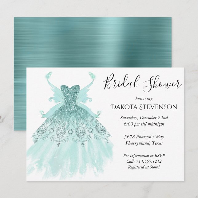 Fairy Wing Mint Gown | Luxe Pearl Green Aqua Sheen Invitation (Front/Back)