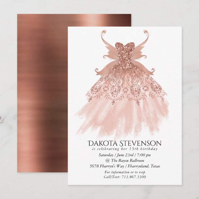 Fairy Wing Rose Gold Gown | Terracotta Coral Sheen Invitation (Front/Back)