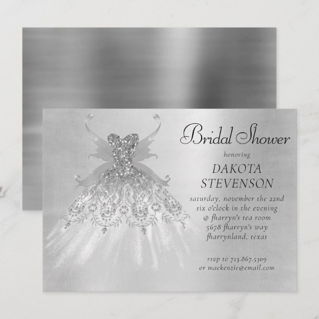 Fairy Wing Silver Gown | Platinum Foil Faux Sheen Invitation (Front/Back)