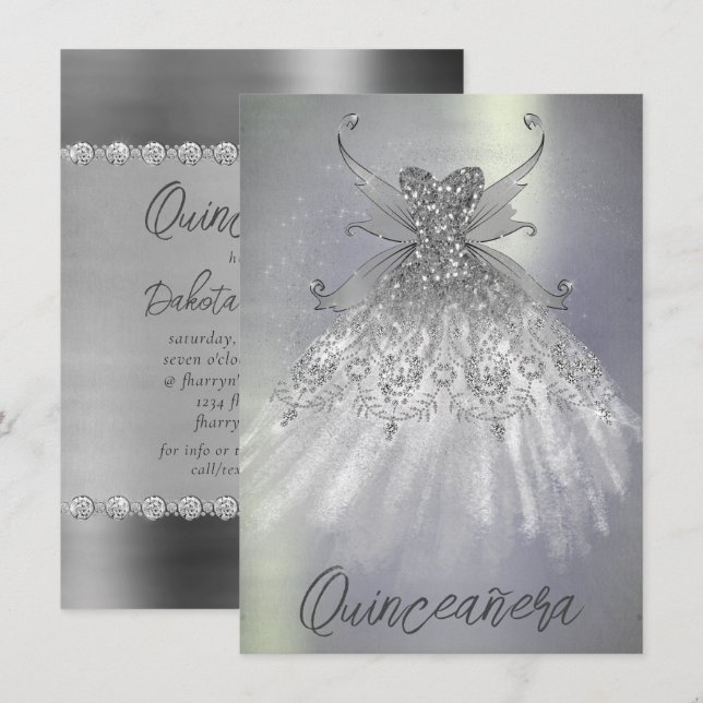 Fairy Wing Silver Gown | Platinum Foil Faux Sheen Invitation (Front/Back)