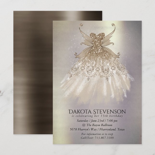 Fairy Wing Taupe Gown | Champagne Elegant Sheen Invitation (Front/Back)