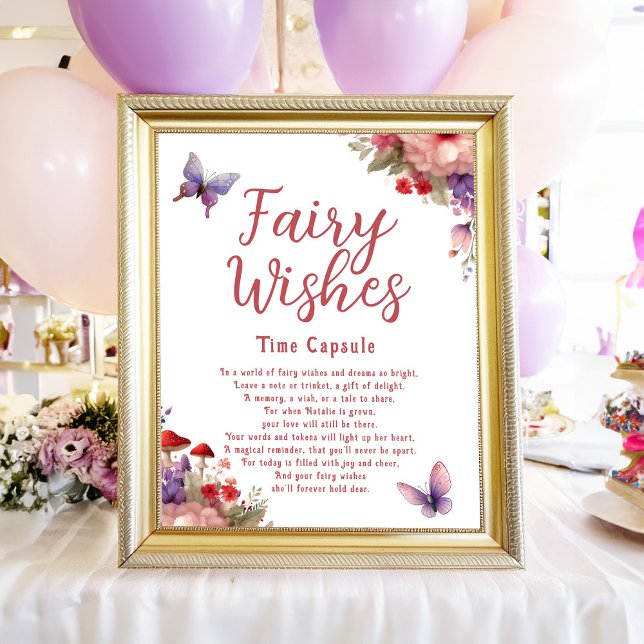 Fairy Wishes First Birthday Time Capsule Sign (Fairy Wishes Time Capsule Fairy Birthday Party Sign - Matching Notecards Available)