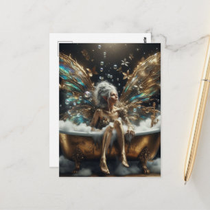Fairy Woman Takes a Bubble Bath in Gold Tub Postcard