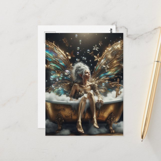 Fairy Woman Takes a Bubble Bath in Gold Tub Postcard (Front/Back In Situ)