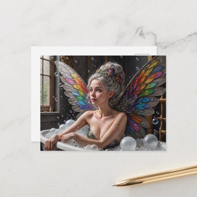 Fairy Woman With Grey Hair Takes a Bubble Bath Postcard (Front/Back In Situ)