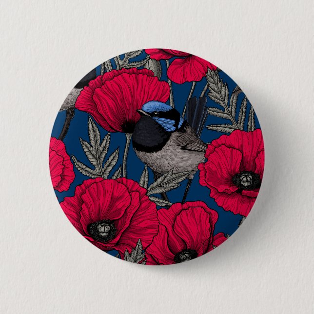 Fairy wren and poppies 2 inch round button (Front)