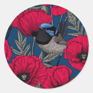 Fairy wren and poppies classic round sticker