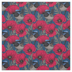 Fairy wren and poppies fabric