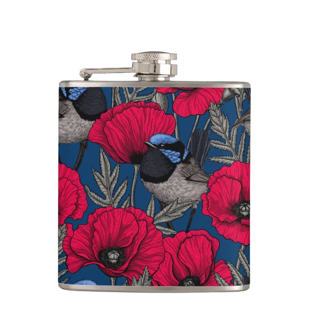 Fairy wren and poppies hip flask (Front)