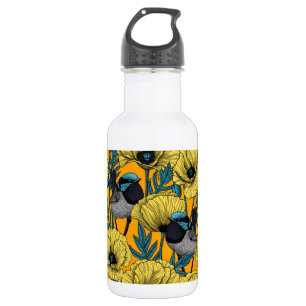Fairy wren and poppies in yellow 532 ml water bottle
