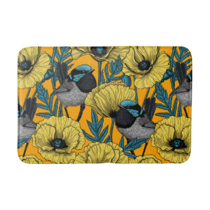 Fairy wren and poppies in yellow bath mat