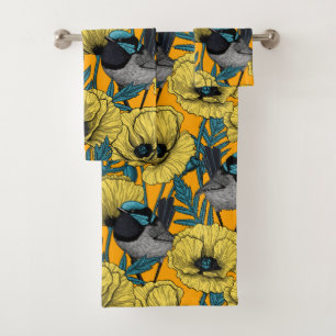Fairy wren and poppies in yellow bath towel set